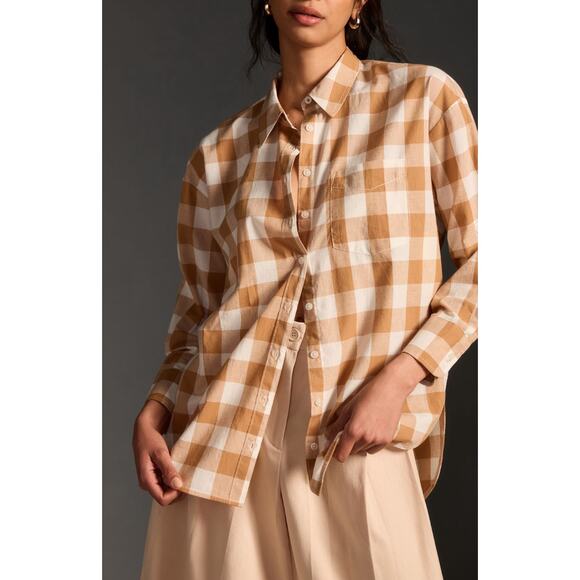 Anthropologie Maeve Medium Bennet Buttondown Brown Buffalo Check Shirt New - Picture 1 of 7